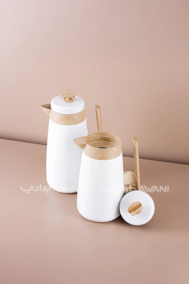 Vacuum Flask Set – 1L & 700ml, White & Wood Handle