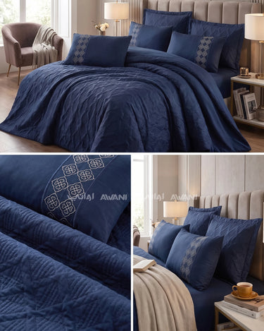 6-Piece Textured Jacquard Comforter Set with Embroidered Accent Shams – Navy Blue