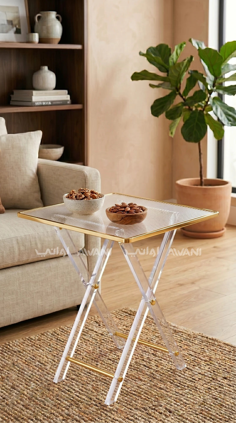 Modern Ribbed Acrylic Folding Table Set – Clear (Set of 4) with Gold Rim & Storage Rack