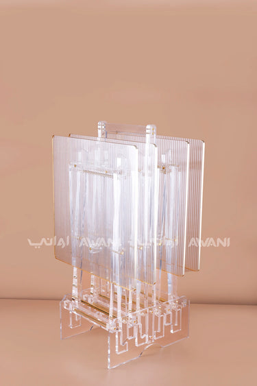 Modern Ribbed Acrylic Folding Table Set – Clear (Set of 4) with Gold Rim & Storage Rack