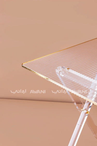 Modern Ribbed Acrylic Folding Table Set – Clear (Set of 4) with Gold Rim & Storage Rack