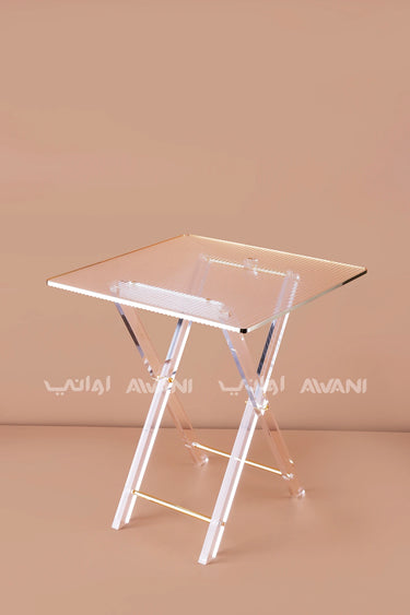 Modern Ribbed Acrylic Folding Table Set – Clear (Set of 4) with Gold Rim & Storage Rack