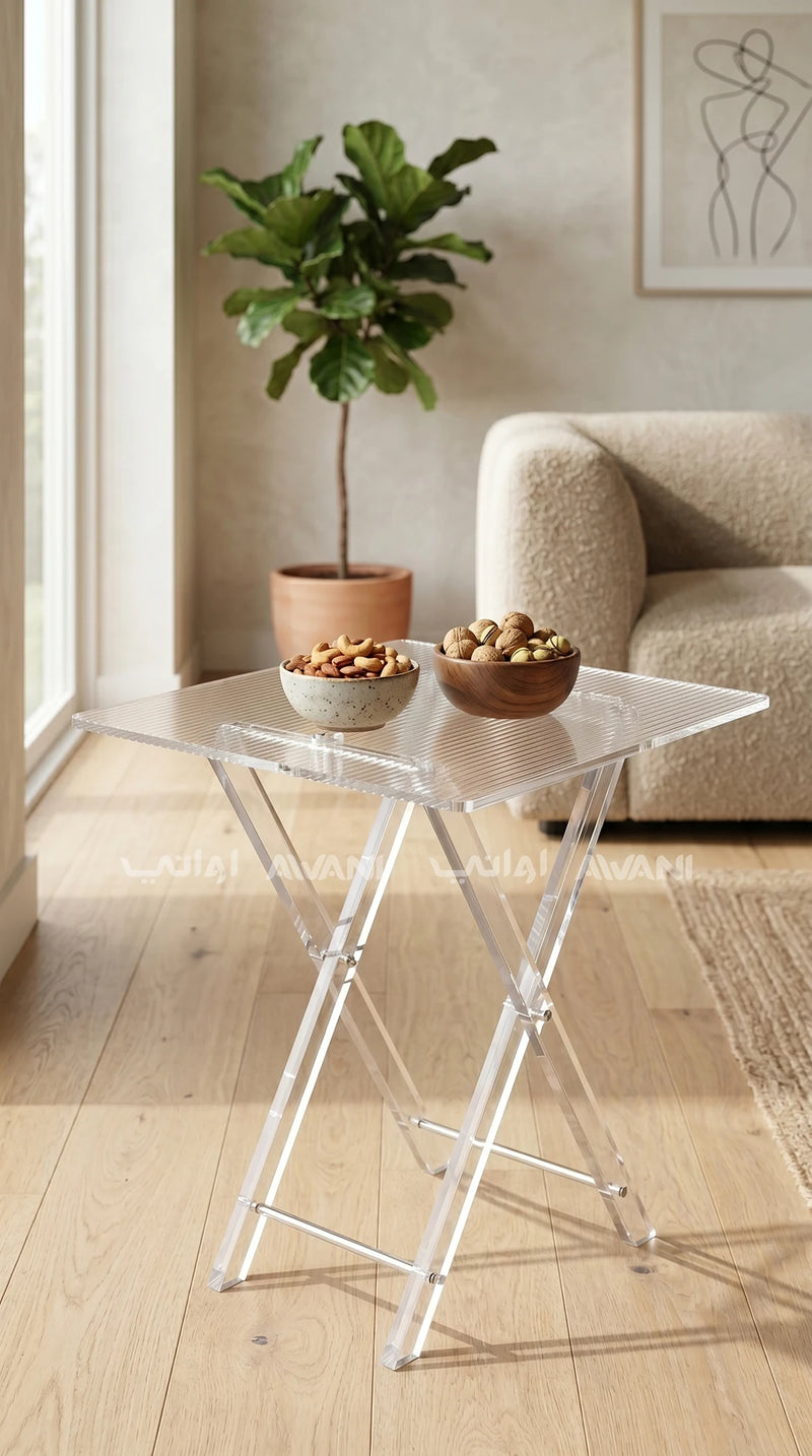 Modern Ribbed Acrylic Folding Table Set – Clear (Set of 4) with Silver Rim & Storage Rack