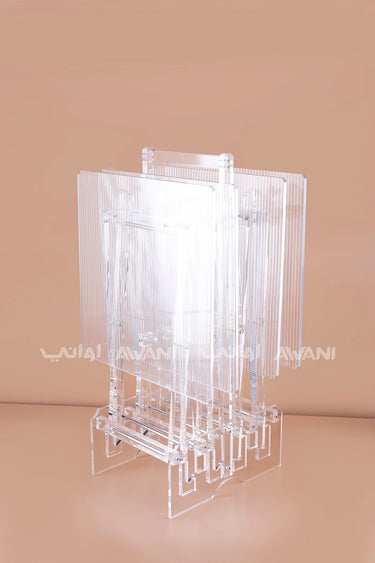 Modern Ribbed Acrylic Folding Table Set – Clear (Set of 4) with Silver Rim & Storage Rack