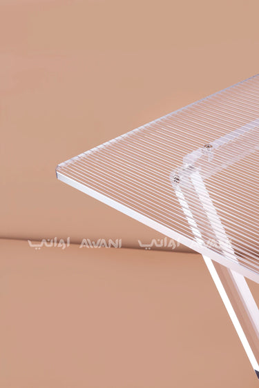 Modern Ribbed Acrylic Folding Table Set – Clear (Set of 4) with Silver Rim & Storage Rack