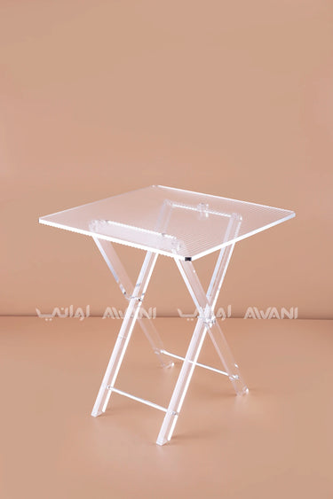 Modern Ribbed Acrylic Folding Table Set – Clear (Set of 4) with Silver Rim & Storage Rack