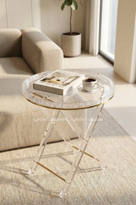 Acrylic Folding Tray Table Set with "Crushed Ice" Rim and Gold Accents – Set of 4 with Storage Rack