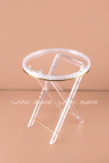 Acrylic Folding Tray Table Set with "Crushed Ice" Rim and Gold Accents – Set of 4 with Storage Rack