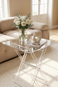 Clear Square Acrylic Folding Tables with Storage Stand - 4 Piece Set (Double Silver Line)