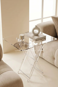 Clear Lucite Side Tables with Black Peony Line Art & Chrome Hardware – Set of 4