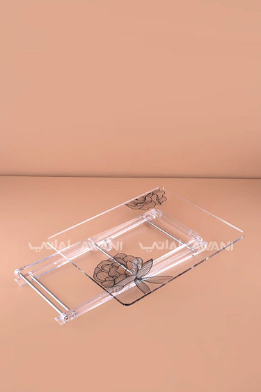 Clear Lucite Side Tables with Black Peony Line Art & Chrome Hardware – Set of 4