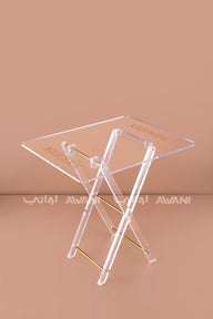 Clear Lucite Folding Tray Table – Geometric Gold Motif with Polished Brass Hardware