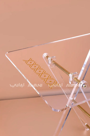 Clear Lucite Folding Tray Table – Geometric Gold Motif with Polished Brass Hardware