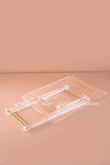 Clear Lucite Folding Tray Table – Geometric Gold Motif with Polished Brass Hardware