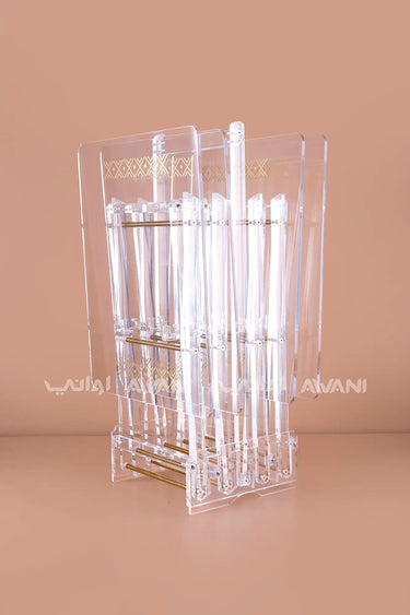 Clear Lucite Folding Tray Table – Geometric Gold Motif with Polished Brass Hardware