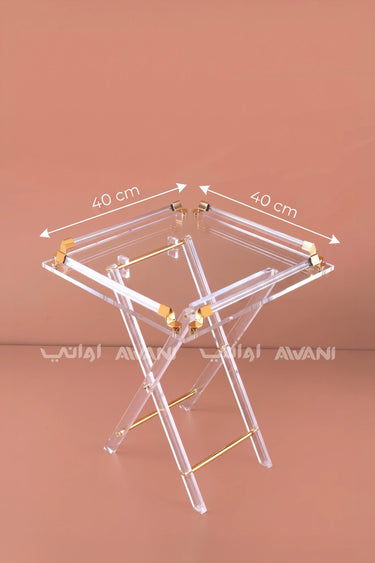 5-Piece Acrylic Square Folding Tray Table Set – Includes 4 Tables and 1 Storage Stand with Gold Accents