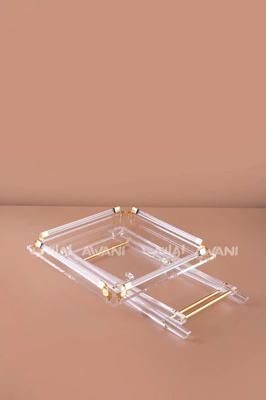 5-Piece Acrylic Square Folding Tray Table Set – Includes 4 Tables and 1 Storage Stand with Gold Accents