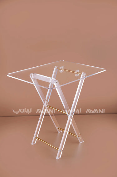 Clear Acrylic Folding Side Table Set – Gold Accents & Storage Rack - Plain
