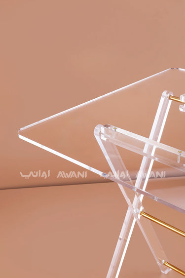 Clear Acrylic Folding Side Table Set – Gold Accents & Storage Rack - Plain