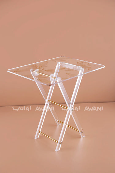 Clear Acrylic Folding Table Set with Gold Leaf Design & Storage Rack