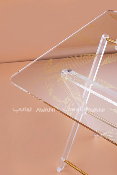 Clear Acrylic Folding Table Set with Gold Leaf Design & Storage Rack