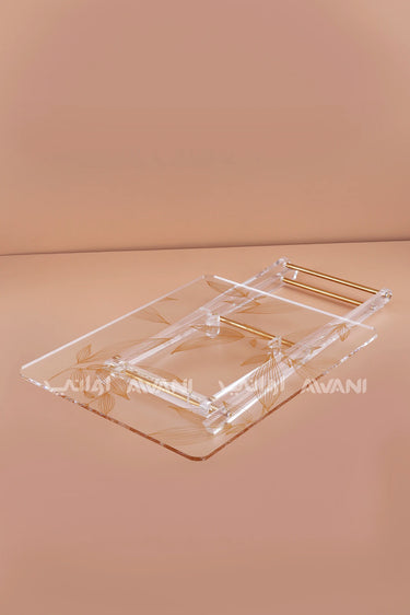 Clear Acrylic Folding Table Set with Gold Leaf Design & Storage Rack