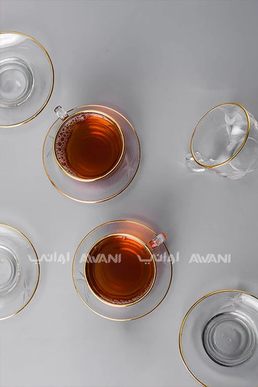 Elegant Clear Tea Glass & Saucer Set – Clear , Gold Trim & Impressed Leaf Design