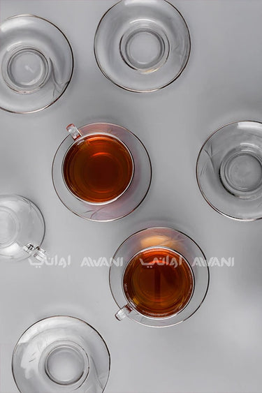 Elegant Clear Tea Glass & Saucer Set – Silver Trim & Impressed Leaf Design