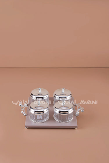Silver Crystal Candy & Date Jar Set with Decorative Tray  Luxury 4-Piece Serving Collection