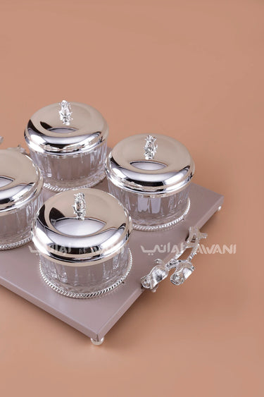 Silver Crystal Candy & Date Jar Set with Decorative Tray  Luxury 4-Piece Serving Collection