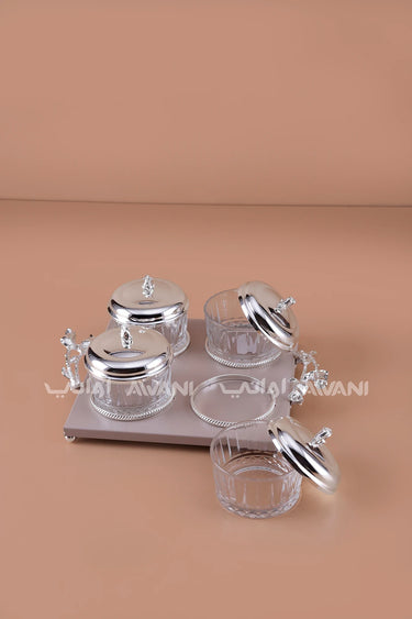 Silver Crystal Candy & Date Jar Set with Decorative Tray  Luxury 4-Piece Serving Collection