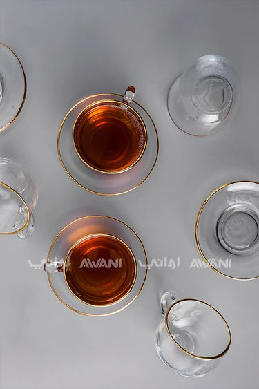 Elegant Clear Tea Glass & Saucer Set – Gold Trim & Impressed Plain Design
