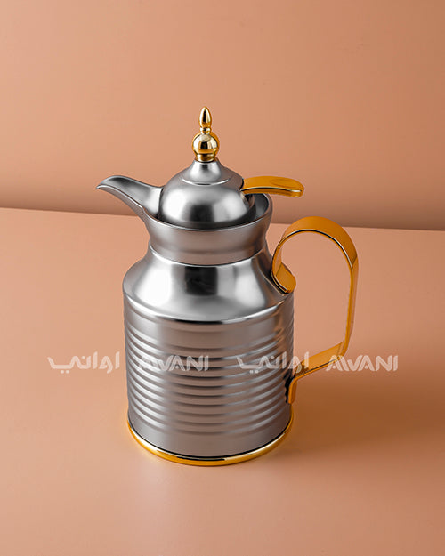 Premium Metal Arabic Coffee Dallah – Classic Design, 0.4L – Matte Silver with Gold Handle