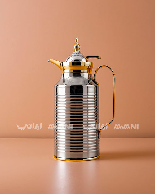 Premium Metal Arabic Coffee Dallah – Classic Design, 0.8 L – Shiny Silver with Gold Handle