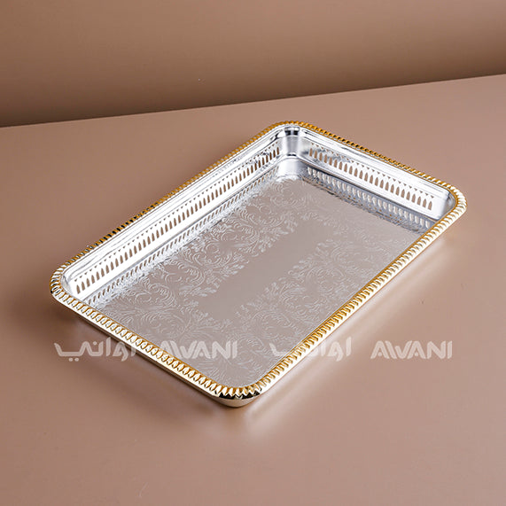 Designed  Rectangle Single Silver And Edge gold Tray ( L-40 cm x W - 27 cm )