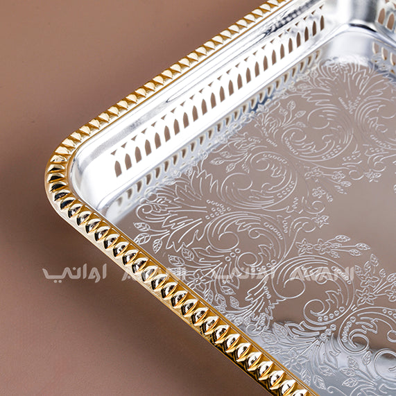 Designed  Rectangle Single Silver And Edge gold Tray ( L-40 cm x W - 27 cm )