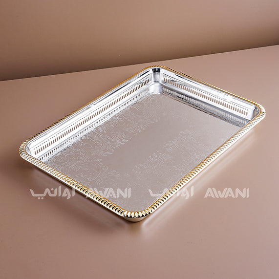 Designed Rectangle Silver and Edge gold tray (L - 50 cm x W -36 cm )