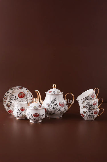 Tea Set  and Saucer Set Service , Teapot Sugar Bowl Cream Pitcher Teaspoons and Tea Strainer - Pumpkin Fluted Shape