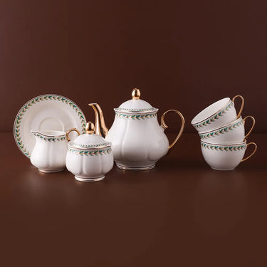Cups and Saucers 31 pieces Set of 6 and plates , 6 Spoon Coffee Mugs, leaf Cups, Golden Trim, For Tea Party, Gifts for Home Office
