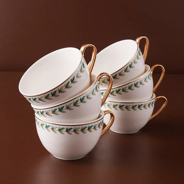 Cups and Saucers 31 pieces Set of 6 and plates , 6 Spoon Coffee Mugs, leaf Cups, Golden Trim, For Tea Party, Gifts for Home Office