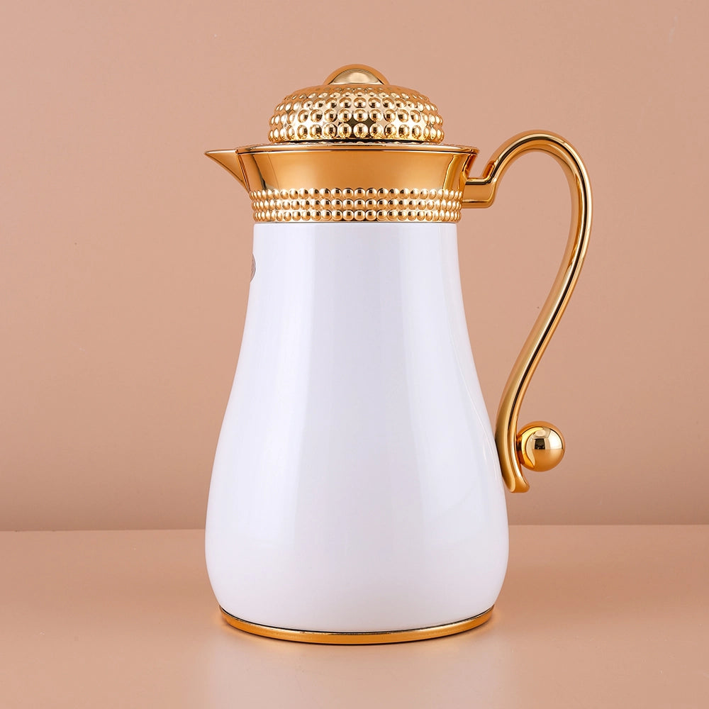white and  Gold Bubble Dot Design Flask Elegant Vacuum – Perfect for Tea & Coffee- 1 L