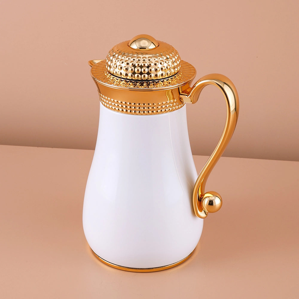 white and  Gold Bubble Dot Design Flask Elegant Vacuum – Perfect for Tea & Coffee- 1 L