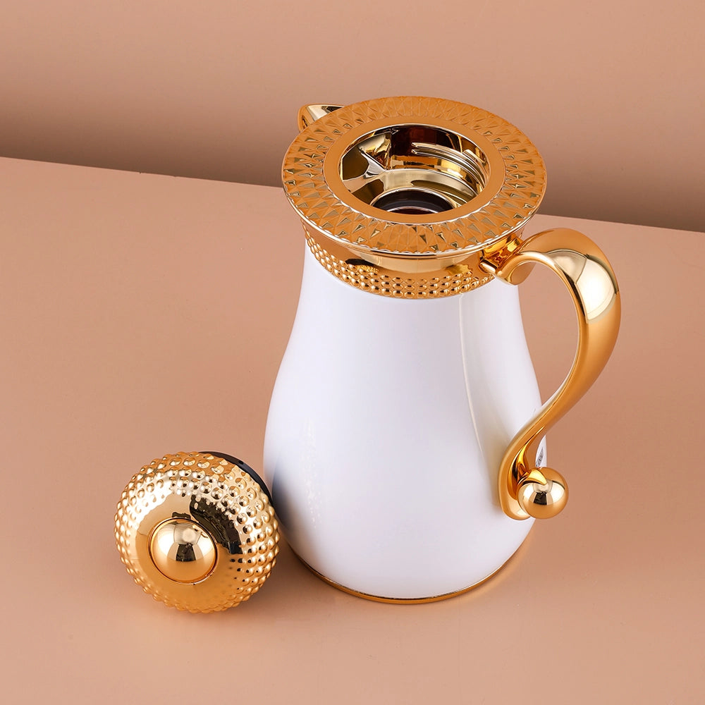 white and  Gold Bubble Dot Design Flask Elegant Vacuum – Perfect for Tea & Coffee- 1 L