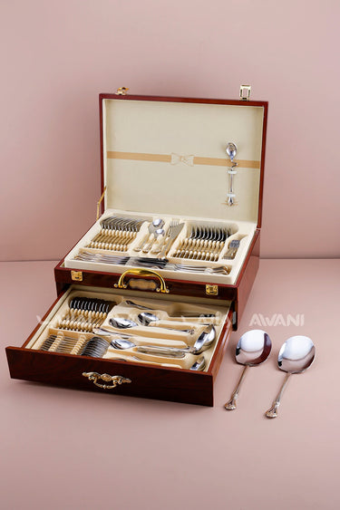 86-Piece Stainless Steel Cutlery Set with Wooden Case