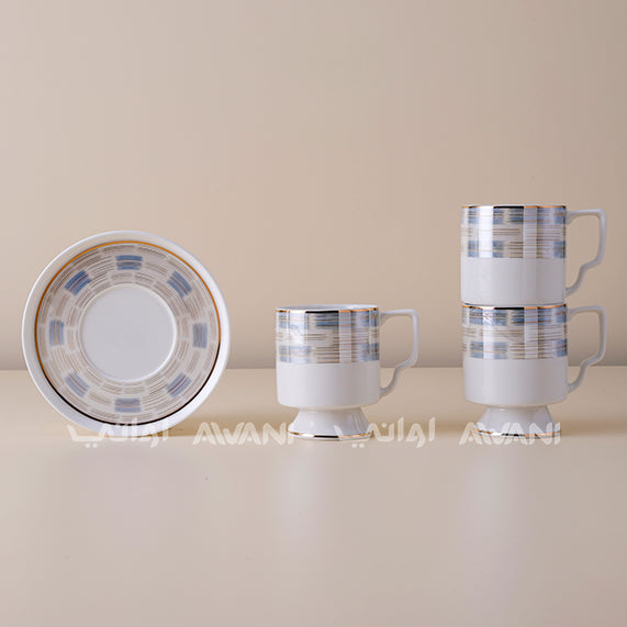 Luxury Ceramic Tea Cup & Saucer Set – 6-Piece | Elegant Modern Design | White Lite Blue and