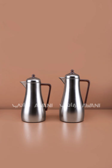 NOOR DALLAH/FLASK SET FOR TEA & COFEE - 05 MATTE SILVER AND WOOD HANDLE