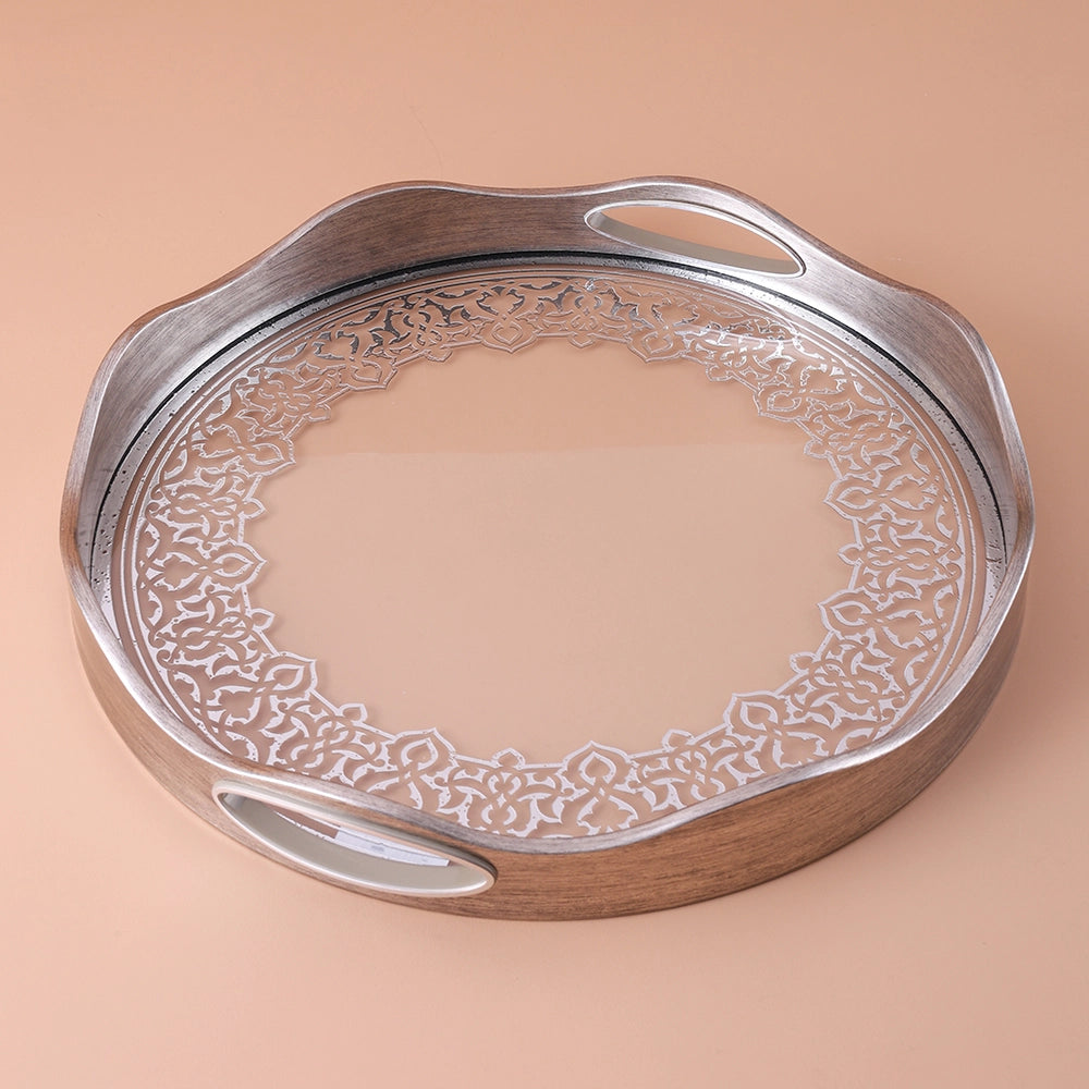Round Flower Pattern Designed Serving Tray Dessert Platter Small And Large (silver color )