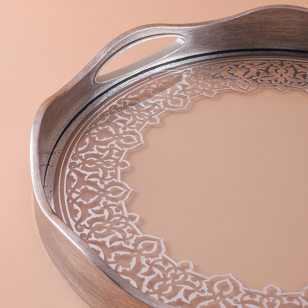 Round Flower Pattern Designed Serving Tray Dessert Platter Small And Large (silver color )
