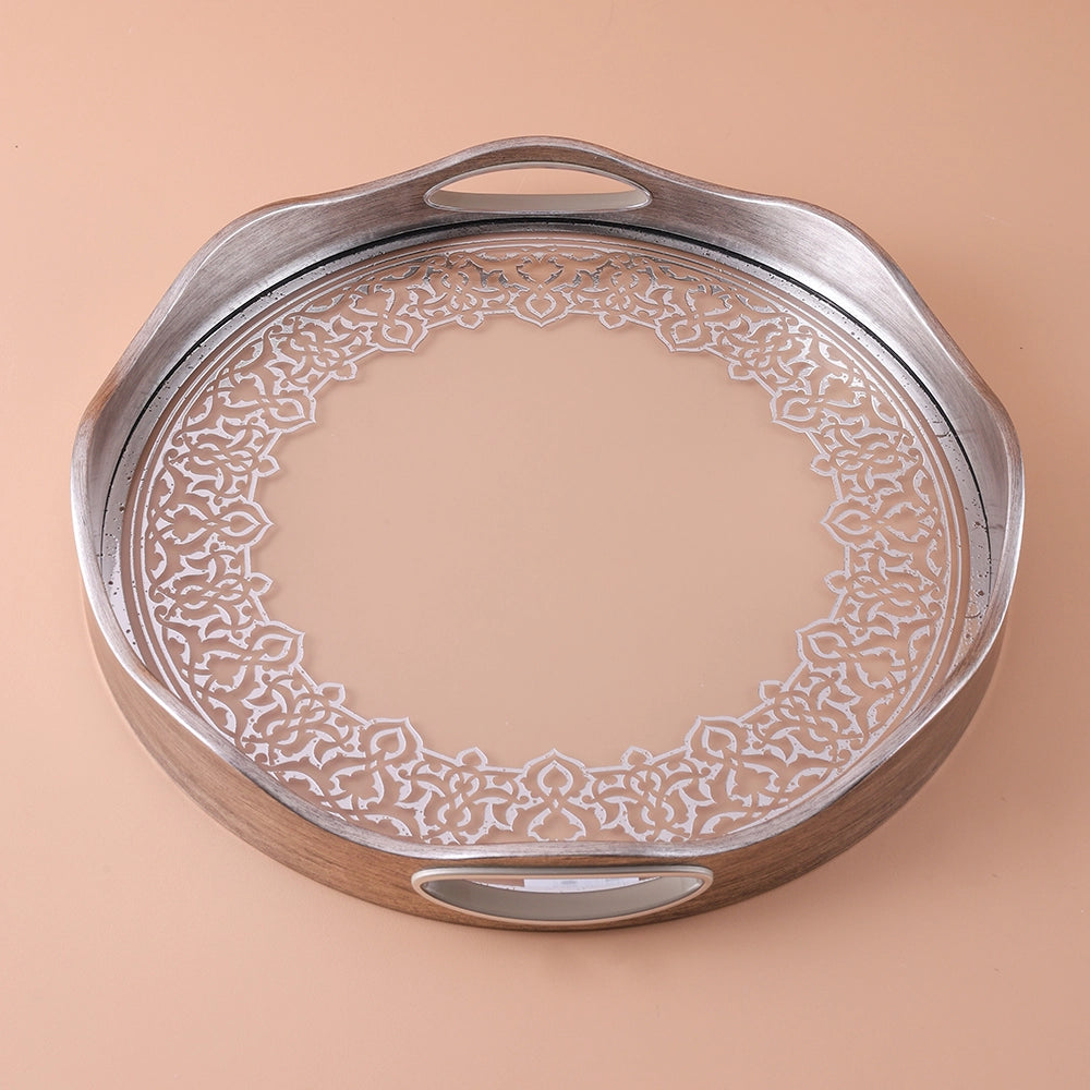 Round Flower Pattern Designed Serving Tray Dessert Platter Small And Large (silver color )