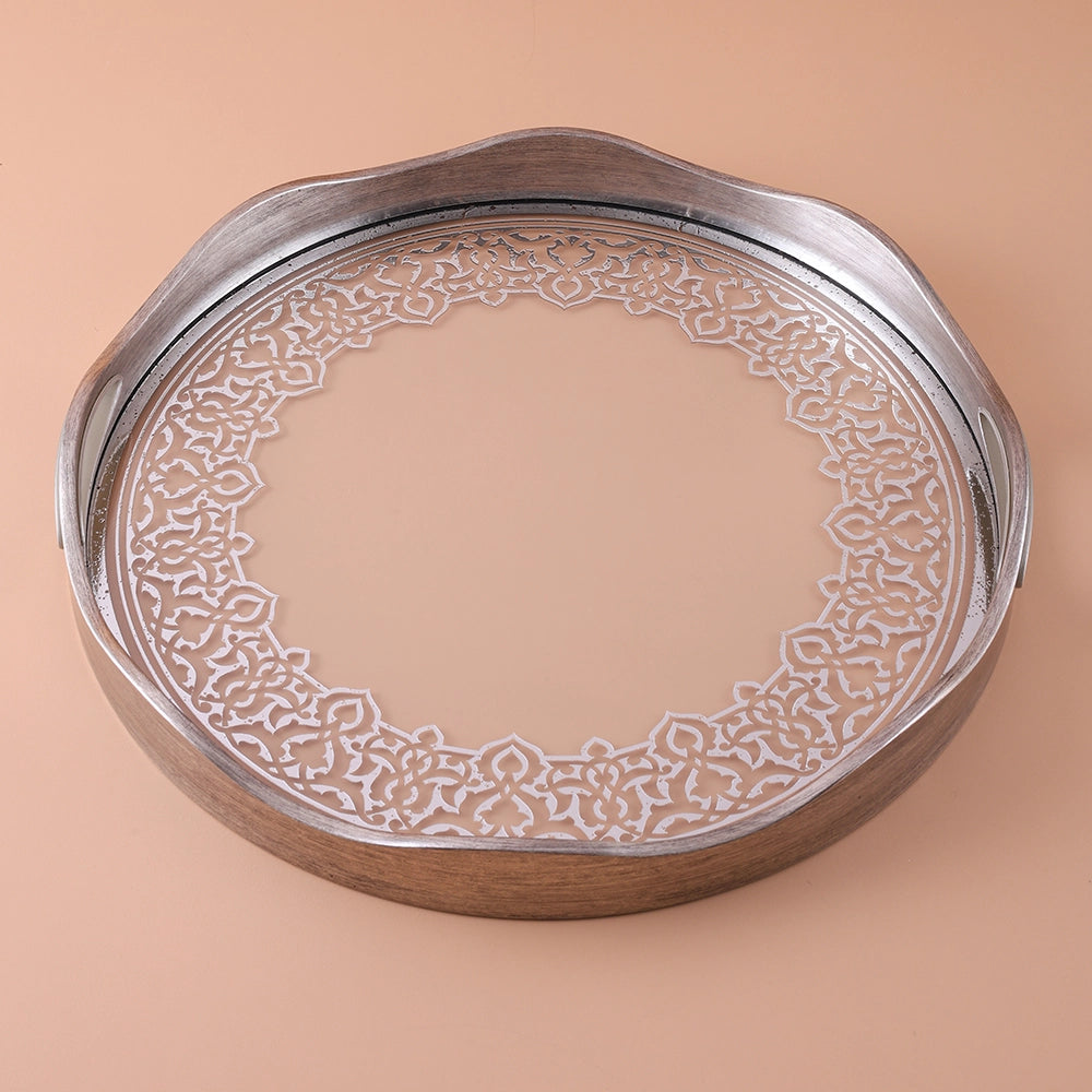 Round Flower Pattern Designed Serving Tray Dessert Platter Small And Large (silver color )